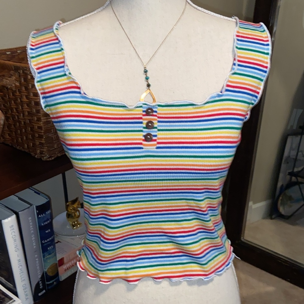 Rainbow Multicolor Striped Ribbed Tank Crop Top with Lettuce Ruffled Edges